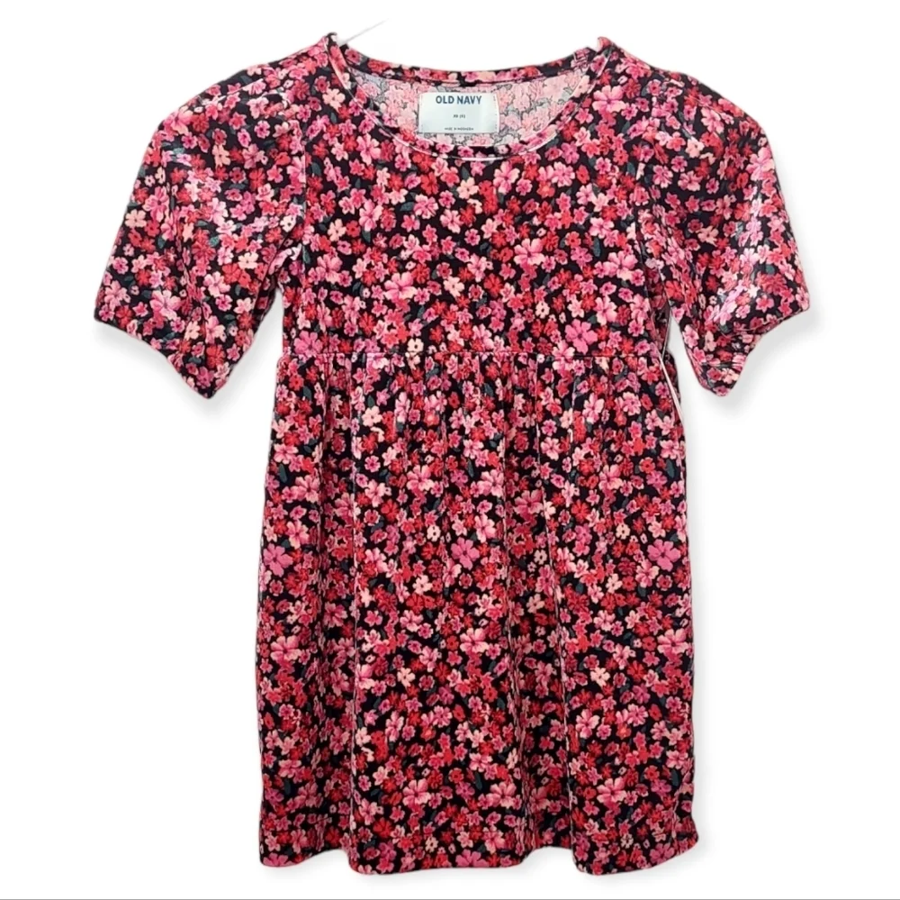 Old Navy Girl's Size XS 5 Puff Sleeve Dress Velour Cozy Black Red Pink
